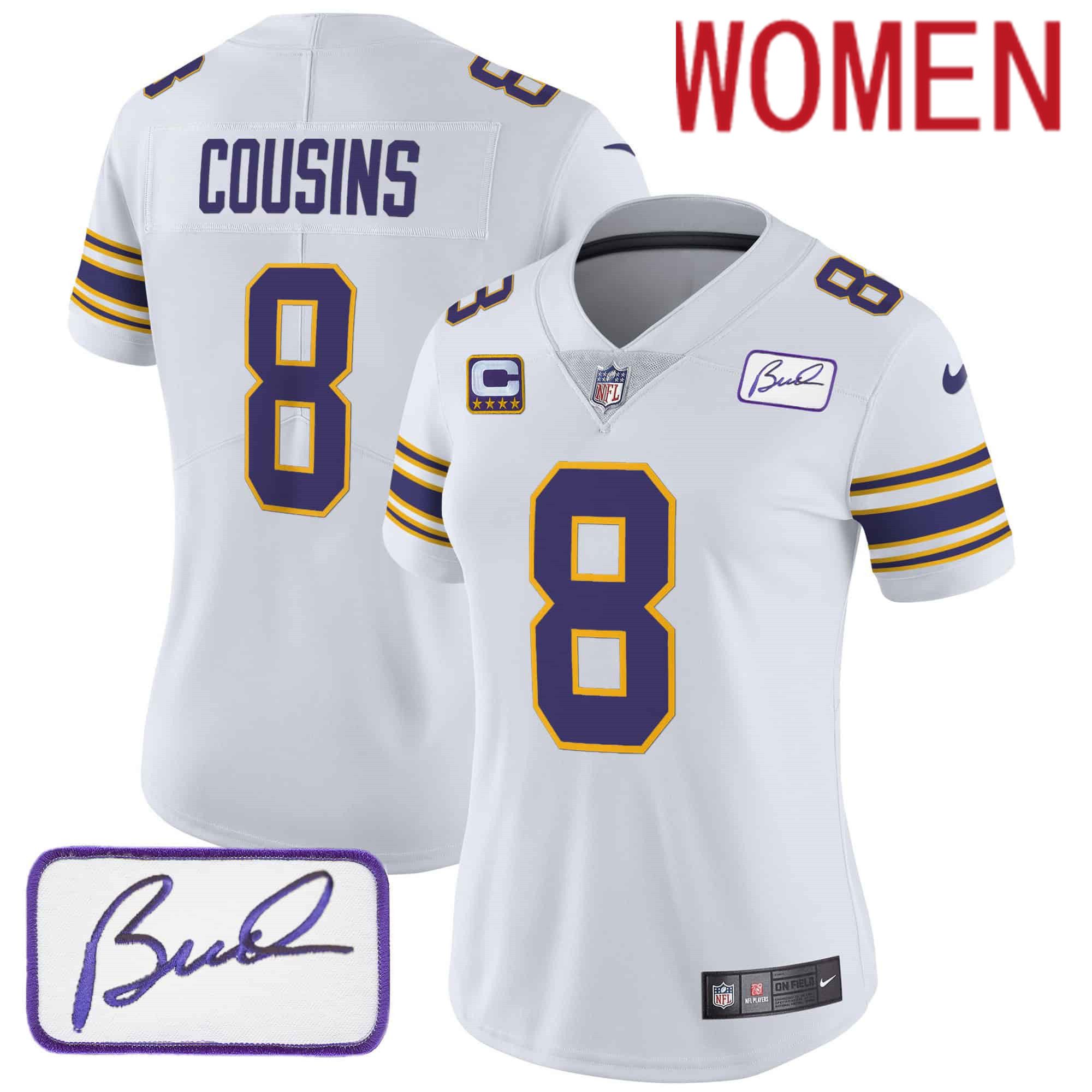 Women Minnesota Vikings #8 Cousins White 2024 Nike Bud Grant Patch Classic Limited NFL Jersey